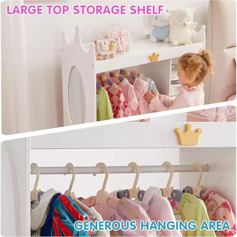 White Kids Dress-Up Wardrobe with Mirror, Hanging Rod & Drawers – 1 Child