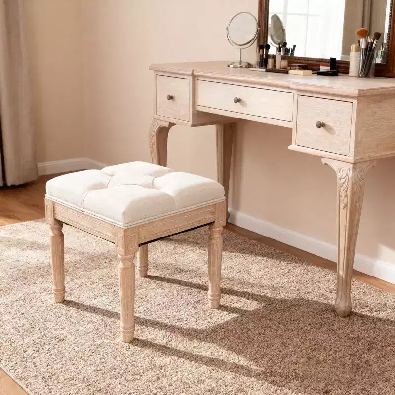Beige Square Upholstered Ottoman Stool, Single Seat, Linen & Cotton