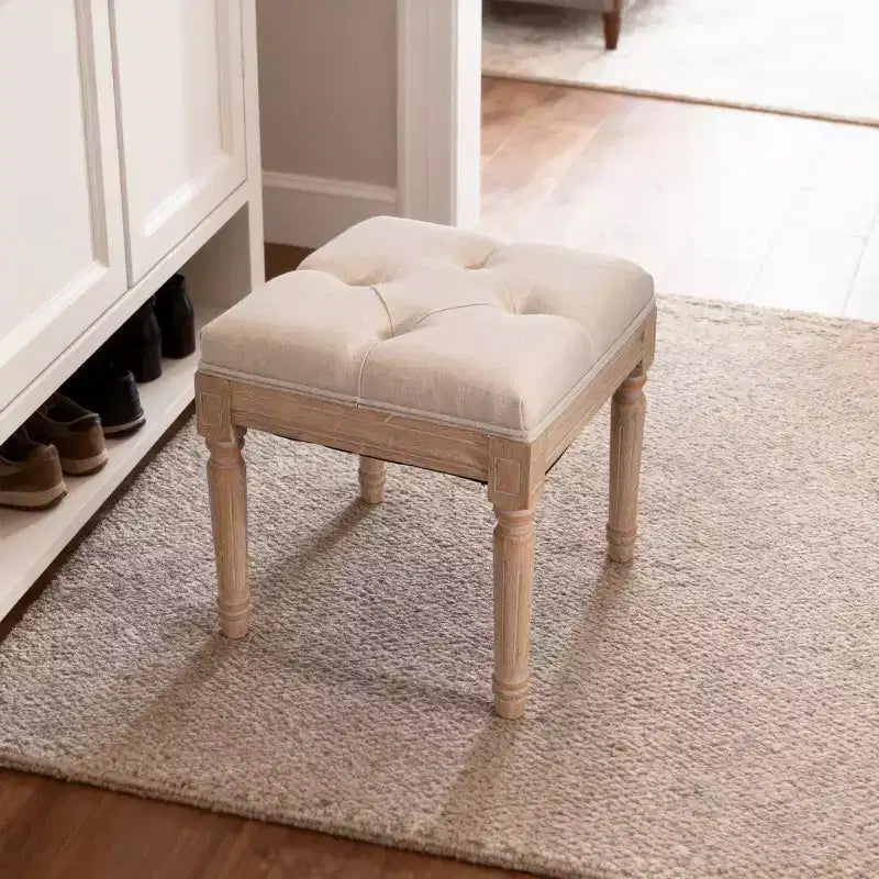 Beige Square Upholstered Ottoman Stool, Single Seat, Linen & Cotton