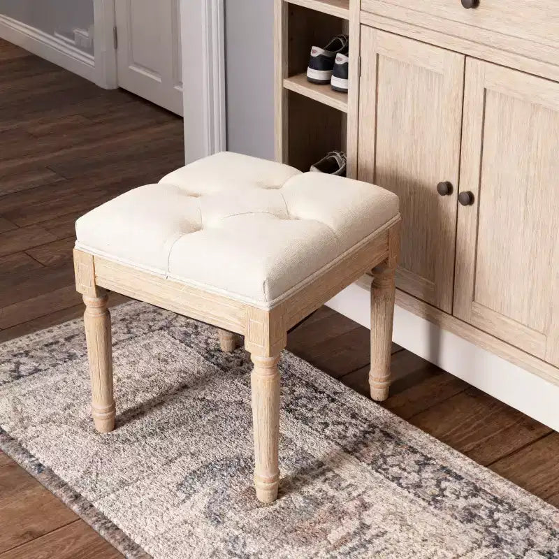 Beige Square Upholstered Ottoman Stool, Single Seat, Linen & Cotton