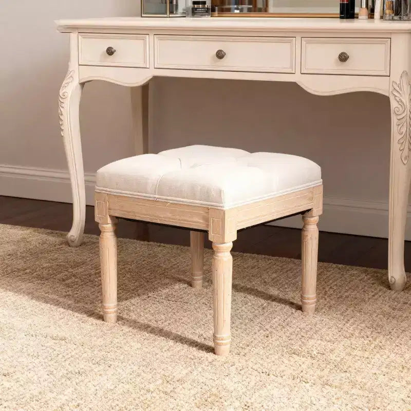 Beige Square Upholstered Ottoman Stool, Single Seat, Linen & Cotton