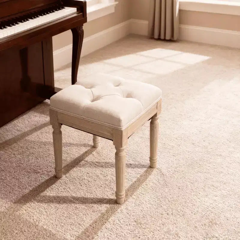 Beige Square Upholstered Ottoman Stool, Single Seat, Linen & Cotton