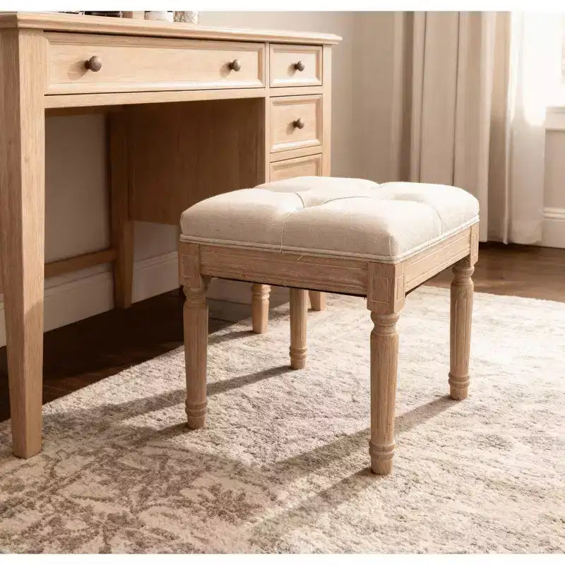 Beige Square Upholstered Ottoman Stool, Single Seat, Linen & Cotton