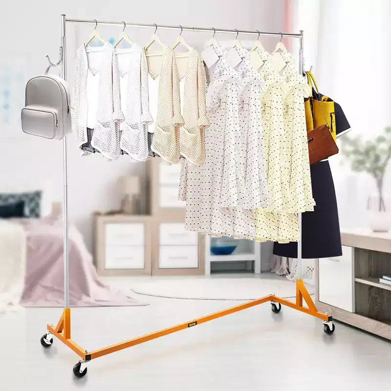 Orange & Silver Z-Base Rolling Garment Rack, Single Rail, with Lockable Casters