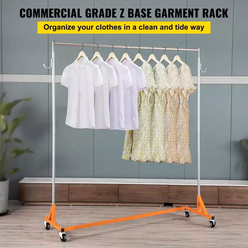Orange & Silver Z-Base Rolling Garment Rack, Single Rail, with Lockable Casters