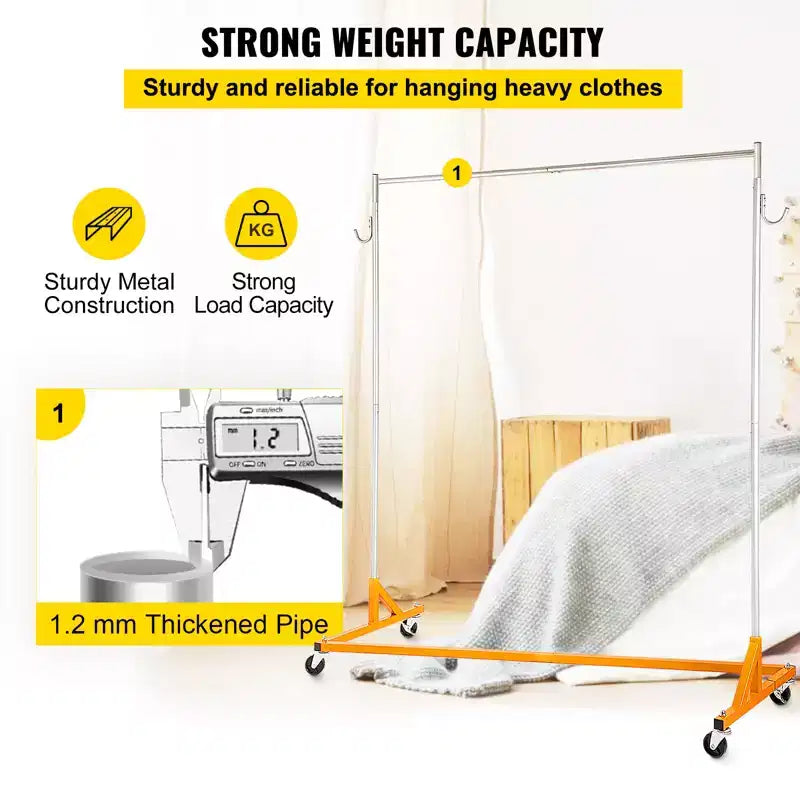 Orange & Silver Z-Base Rolling Garment Rack, Single Rail, with Lockable Casters