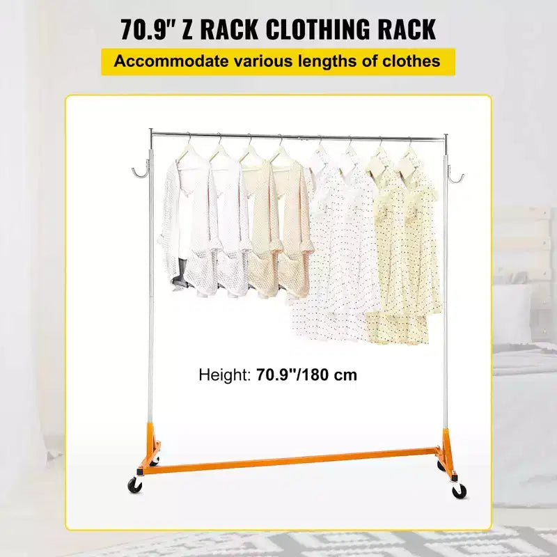 Orange & Silver Z-Base Rolling Garment Rack, Single Rail, with Lockable Casters