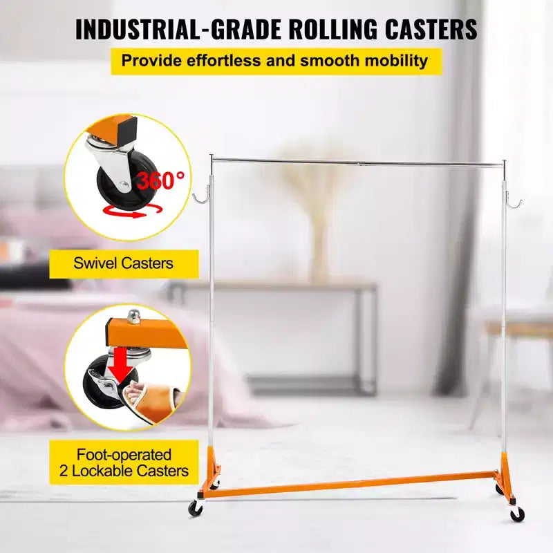 Orange & Silver Z-Base Rolling Garment Rack, Single Rail, with Lockable Casters