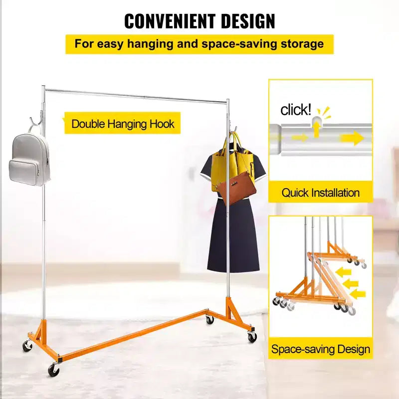 Orange & Silver Z-Base Rolling Garment Rack, Single Rail, with Lockable Casters