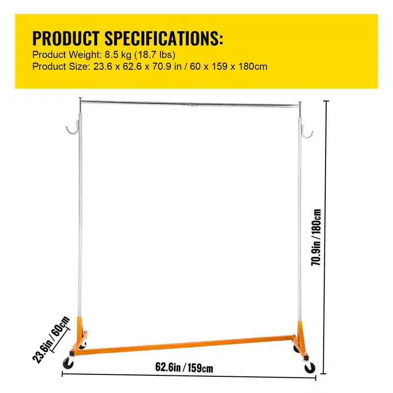 Orange & Silver Z-Base Rolling Garment Rack, Single Rail, with Lockable Casters