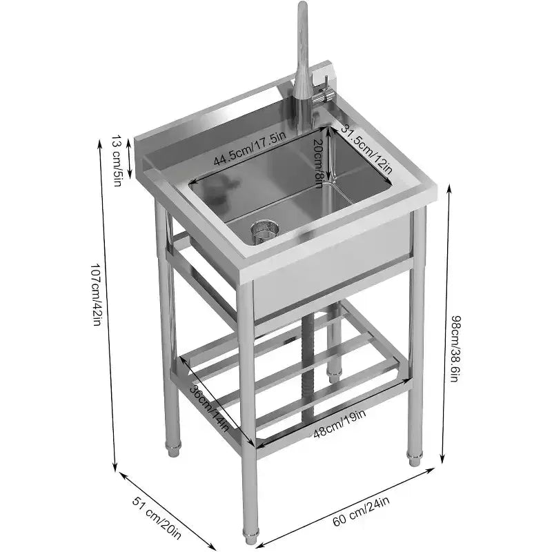 Silver Stainless Steel Freestanding Single Bowl Utility Sink – 24"x20"x42"