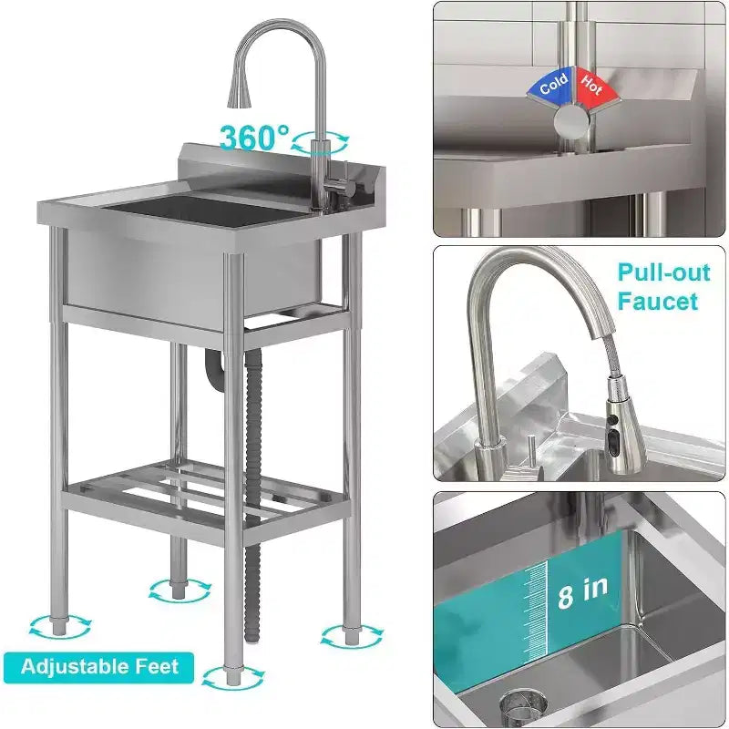 Silver Stainless Steel Freestanding Single Bowl Utility Sink – 24"x20"x42"