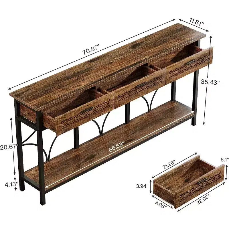 Brown & Black Industrial Console Table with 3 Drawers, 1-Person Assembly, 70.9"