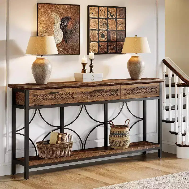 Brown & Black Industrial Console Table with 3 Drawers, 1-Person Assembly, 70.9"