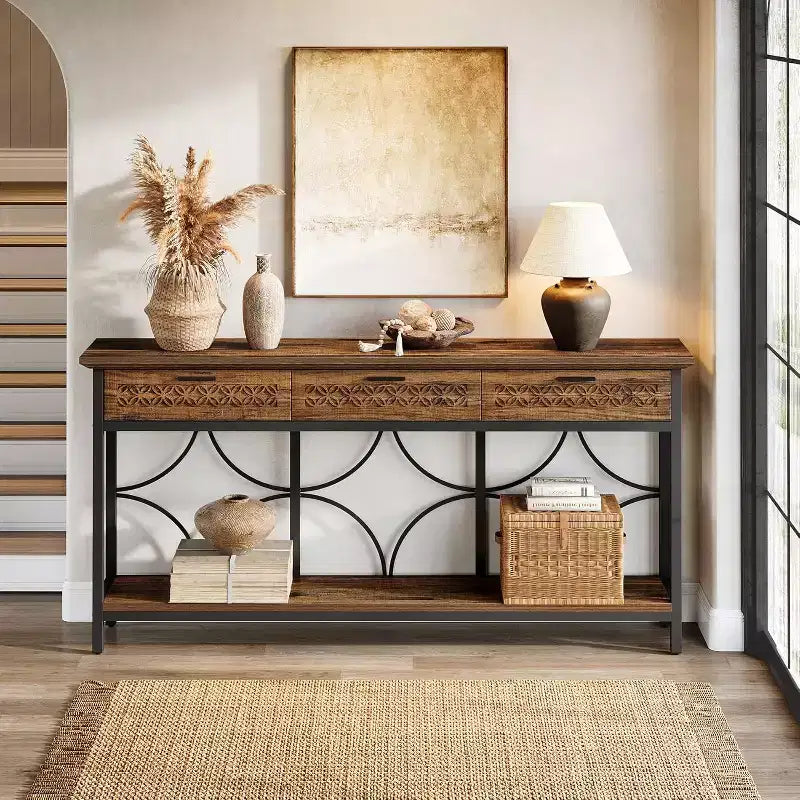 Brown & Black Industrial Console Table with 3 Drawers, 1-Person Assembly, 70.9"