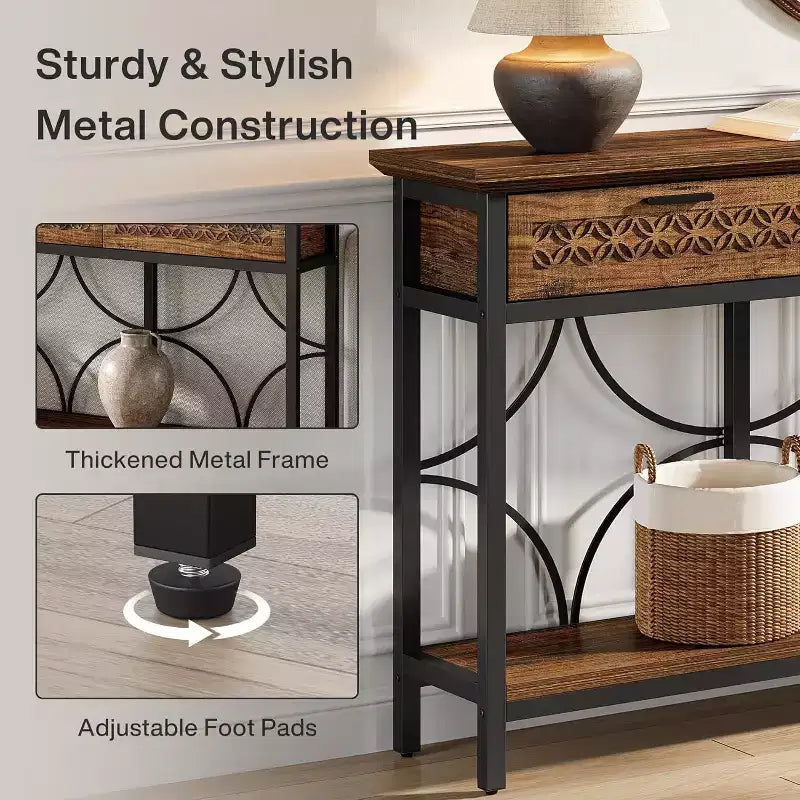 Brown & Black Industrial Console Table with 3 Drawers, 1-Person Assembly, 70.9"