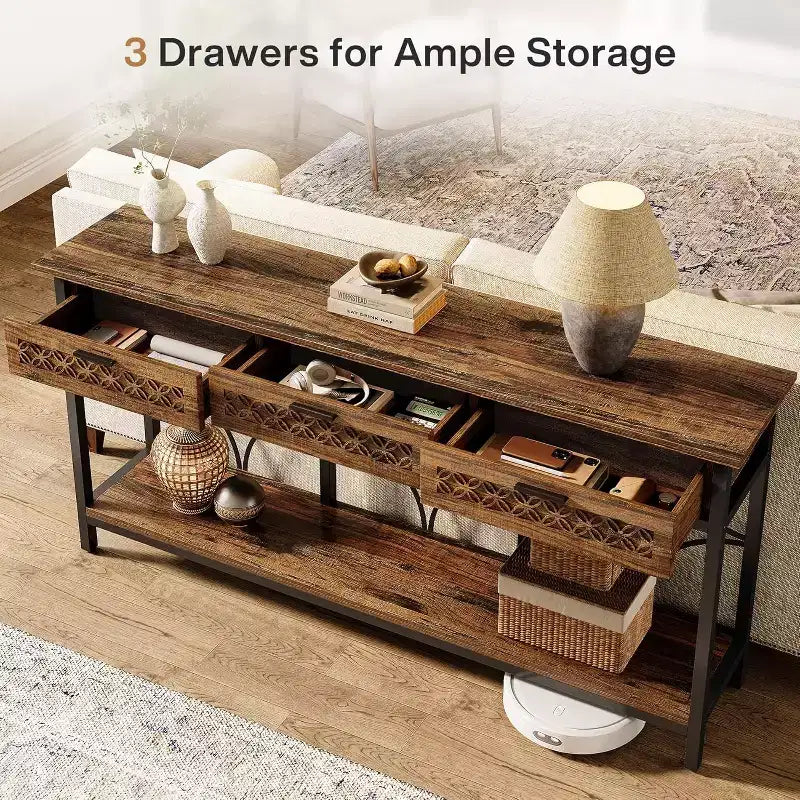 Brown & Black Industrial Console Table with 3 Drawers, 1-Person Assembly, 70.9"