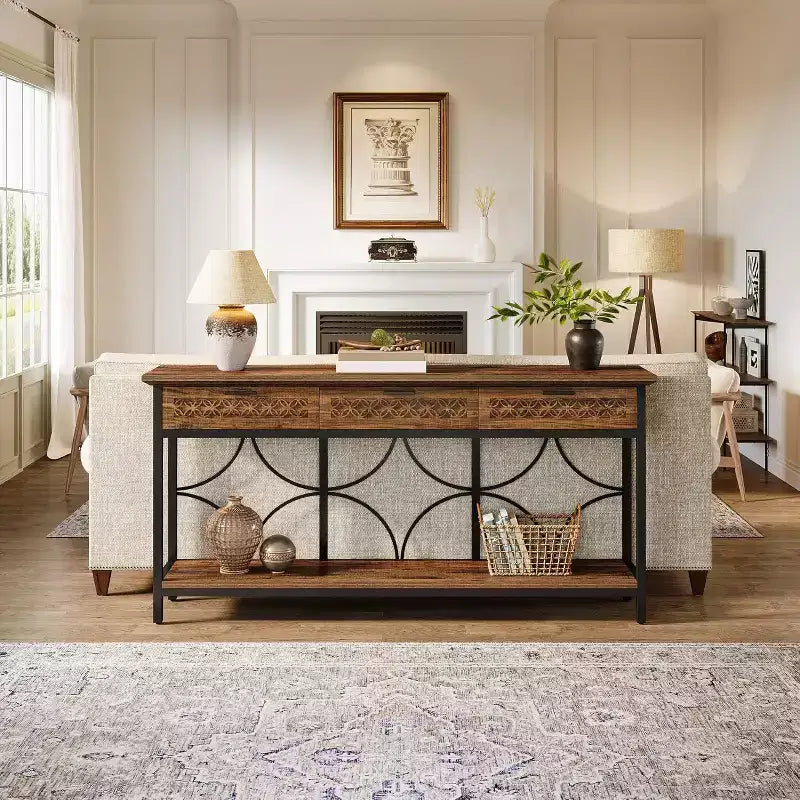 Brown & Black Industrial Console Table with 3 Drawers, 1-Person Assembly, 70.9"