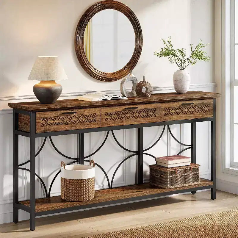 Brown & Black Industrial Console Table with 3 Drawers, 1-Person Assembly, 70.9"
